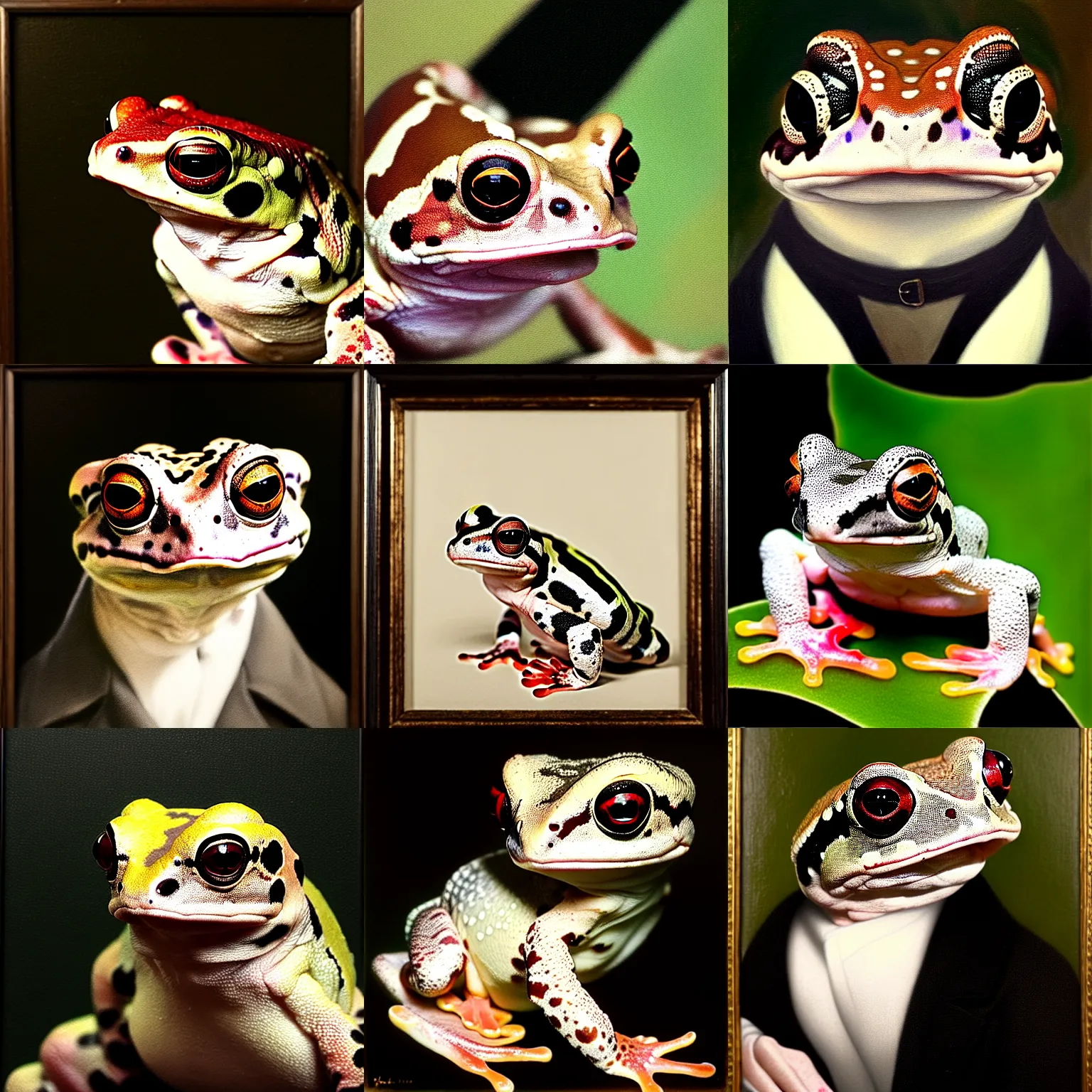 Prompt: a head - and - shoulders portrait of an amazon milk frog looking off camera wearing a black pea coat with a white ascot, an american romanticism painting, a portrait painting, cgsociety, soft focus, oil on canvas