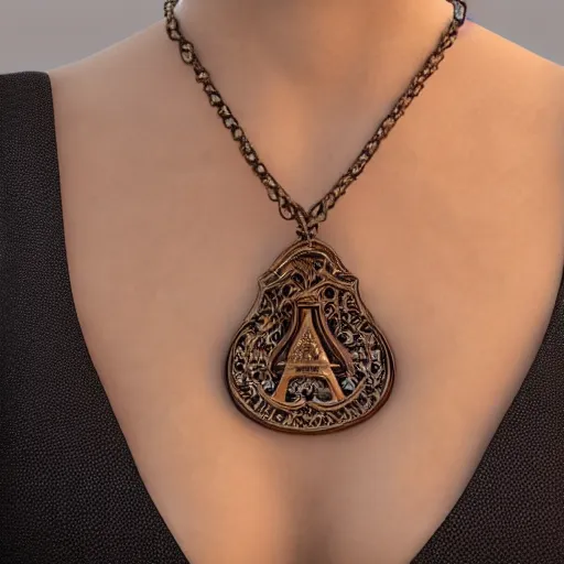 Prompt: ultra - photorealistic, a portrait of a woman that only shows her neck and chest, with a pendant with the letter p, and also shows the dress she is wearing, ultra - photorealistic, 4 k, 8 0 0 mm, uhd. winning photo of the year