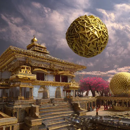 Image similar to hyper detailed hardsurface modelled 3 d geometry, houdini destruction of aminimalist design temple, tarnished gold sphere is far far in the distance, deep perspective, wide angle, insanely detailed and intricate,, eal, gold, silver red, paradise hospital environment,