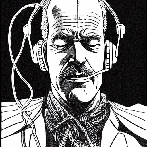 Image similar to drawn in the style of jean giraud!! moebius!! rackham the red wearing headphones and speaking into big microphone, podcast studio