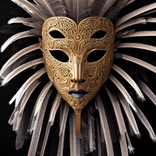 Image similar to an elaborate intricate mask made of feathers in swirling wind, rendered in octane, behance hd, bokeh backdrop