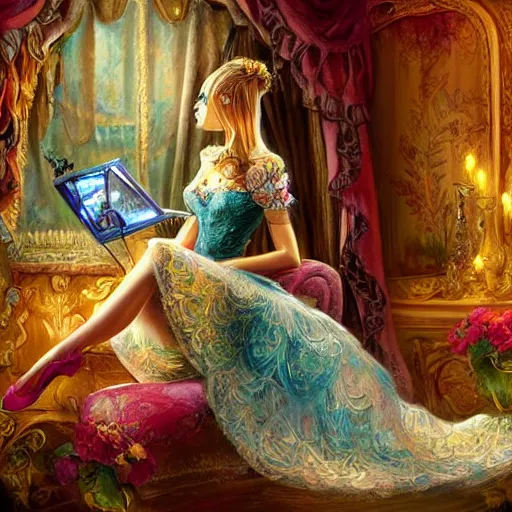 Image similar to a beautiful female is sitting on her living room couch. She is dressed casually and is watching TV, Regal, Realistic, Refined, Detailed Digital Art, Josephine wall, Oil Painting, Steampunk, Highly Detailed, Cinematic Lighting, Unreal Engine, 8k, HD