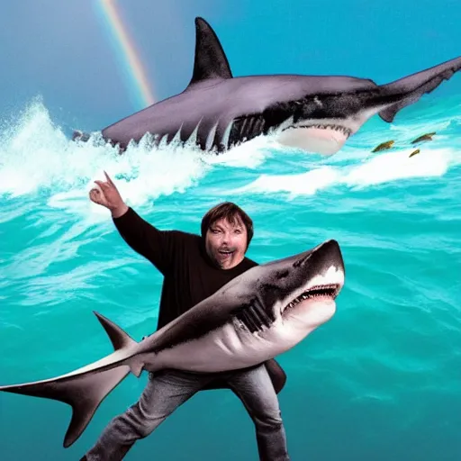 Image similar to jack black riding a shark, ocean, rainbow