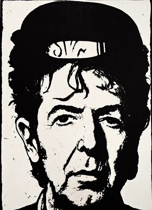 Image similar to Leonard Cohen portrait, By andy warhol