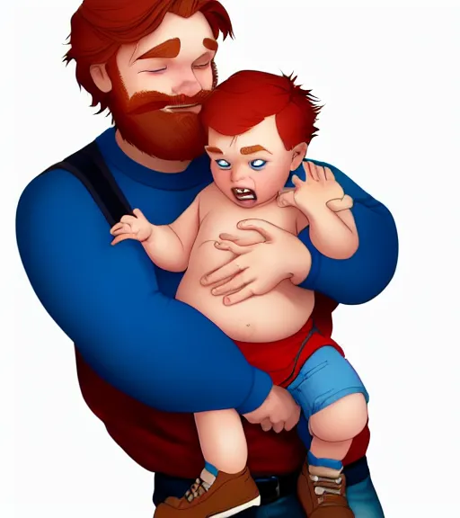 Image similar to a father with short red hair, a short red beard and blue eyes and a chubby face hold his infant son with short brown hair full color digital illustration in the style of don bluth, artgerm, artstation trending, 4 k