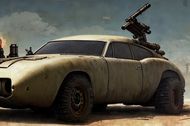 Image similar to dieselpunk mad max studebaker avanti with guns installed, painted by greg rutkowski makoto shinkai takashi takeuchi studio ghibli, akihiko yoshida