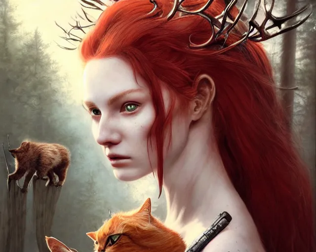 Prompt: 5 5 mm portrait photo of an armored gorgeous aesthetic redhead woman warrior with a face tattoo and antlers growing from her head and cat on her shoulder, in a magical forest. art by greg rutkowski and luis royo. highly detailed 8 k. intricate. lifelike. soft light. nikon d 8 5 0.