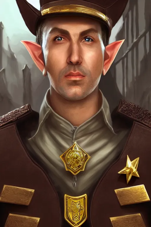 Image similar to high elf mall cop with a sheriff's badge, they are shifty and incompetent, Oil Painting, hyperrealistic, Detailed Digital Art, RPG portrait, 3/4 bust, dynamic lighting, Highly Detailed, Cinematic Lighting, 8k, HD