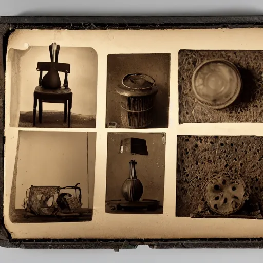 Image similar to Tintype photograph of objects displayed in an ethnographic museum, primitive display, anthropology of wonder, in the style of Marcel Duchamp, found objects, ready-made, 1920s studio lighting.