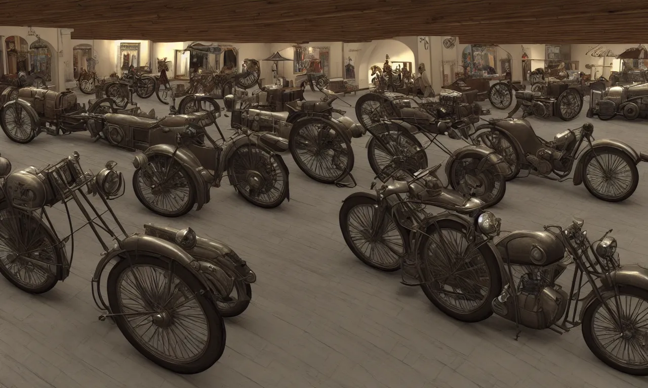 Prompt: exhibition hall of full of restomods cars, restomods bikes, dieselpunk, high detail, shading unreal engine 5, by leonardo da vinci, ambient occlusion