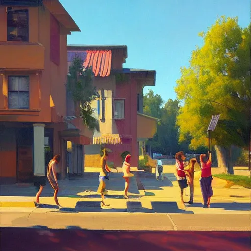 Image similar to street scene, summer time, sunlight, bright colorful, painting bykenton nelson, jeremy mann
