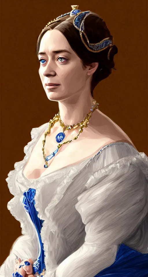 Image similar to portrait of emily blunt as queen victoria, jewelry, greek, sapphire, victorian age, 1 8 9 0, intricate, headshot, key visual, conceptart, ambient lighting, highly detailed, digital painting, artstation, concept art, sharp focus, by makoto shinkai and akihiko yoshida and greg manchess