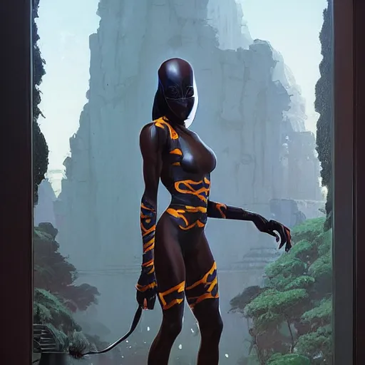 Image similar to highly detailed an african american woman in with the shadow ninja suit from the future gta v, stephen bliss, unreal engine, fantasy art by greg rutkowski, loish, rhads, ferdinand knab, makoto shinkai and lois van baarle, ilya kuvshinov, rossdraws, tom bagshaw, global illumination, radiant light, detailed and intricate environment