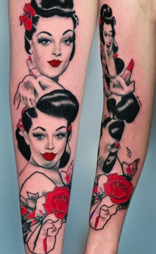 Image similar to traditional American tattoo of black haired pinup girl wearing heels, red lipstick