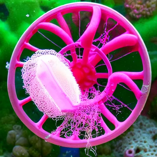 Image similar to pink jellyfish hits Sponge Bob with a metal sieve