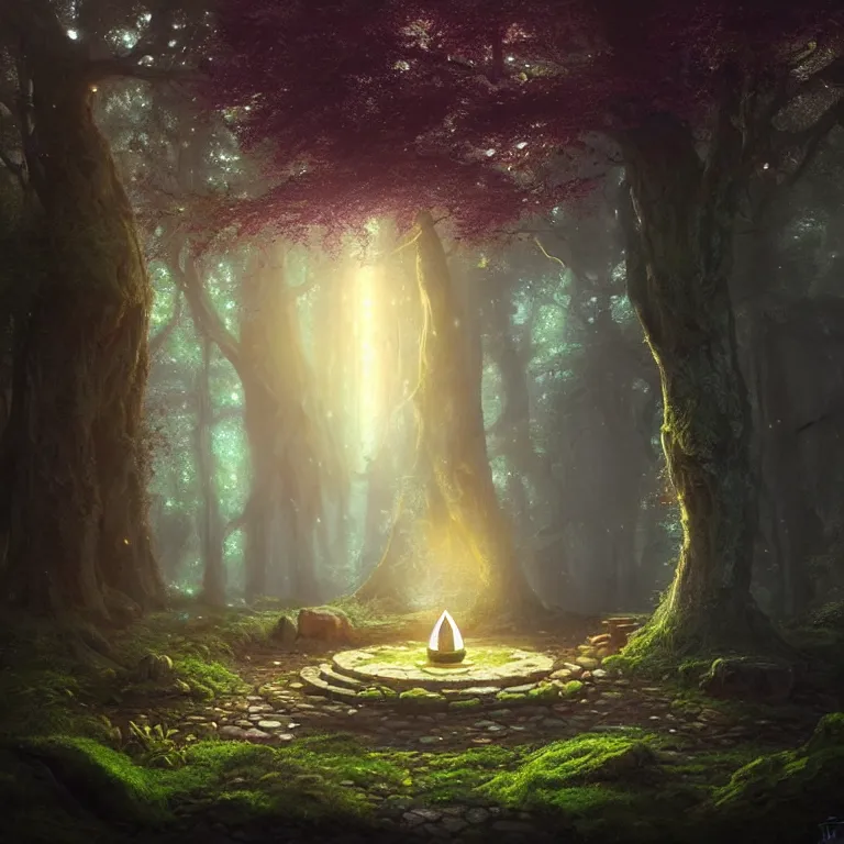 Prompt: Fantasy Magical fairy-tale glowing stone portal in the forest. Round stone portal teleport in trees to other worlds. Fantastic landscape. Magic Altar in the fores, highly detailed, digital painting, concept art, smooth, sharp focus, illustration, art by greg rutkowski