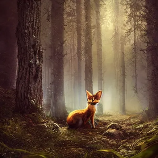 Image similar to a cute furry creature with long ears standing in a forest, michael kutsche, cinematic lighting