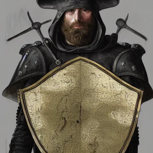 Prompt: Closeup of frustrated male medieval sergeant with a {short} beard wearing a {black!!!! and yellow tabard} over a steel breastplate and a black gambeson looking up from a map on a table, intricate, dramatic lighting illustration by Greg Rutkowski, ArtStation, digital art, fantasy