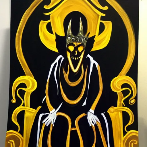 Prompt: eldritch king dressed in mask and robes sitting on a throne, gold yellow and black colour scheme, canvas, oil paint style