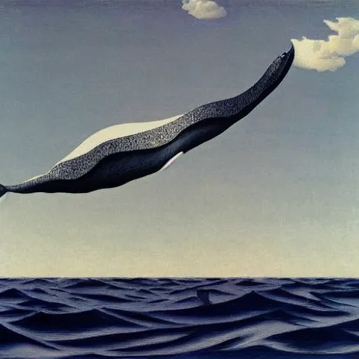 Prompt: whale flying over a boat by René Magritte, detailed, 4k