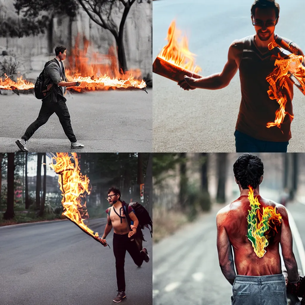 Prompt: a nerd man walking with fire covering his body