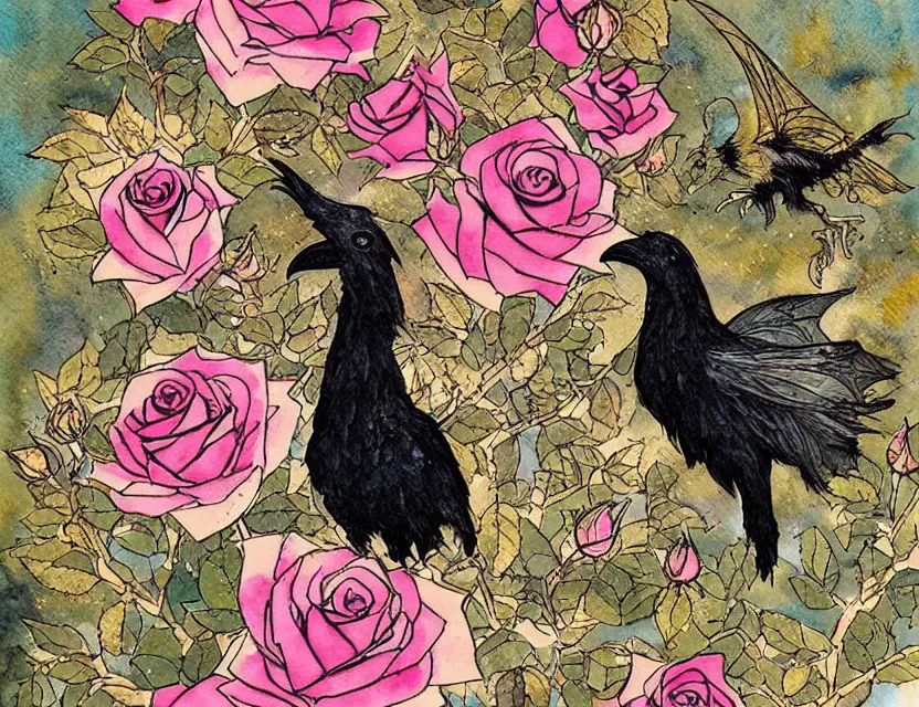 Prompt: faerie raven in a rose garden courtyard. this watercolor and gold leaf work by the award - winning mangaka has a beautiful composition and intricate details.