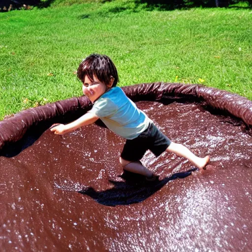 Image similar to kid sliding down chocolate pudding head first, slip n slide, photo taken at the park