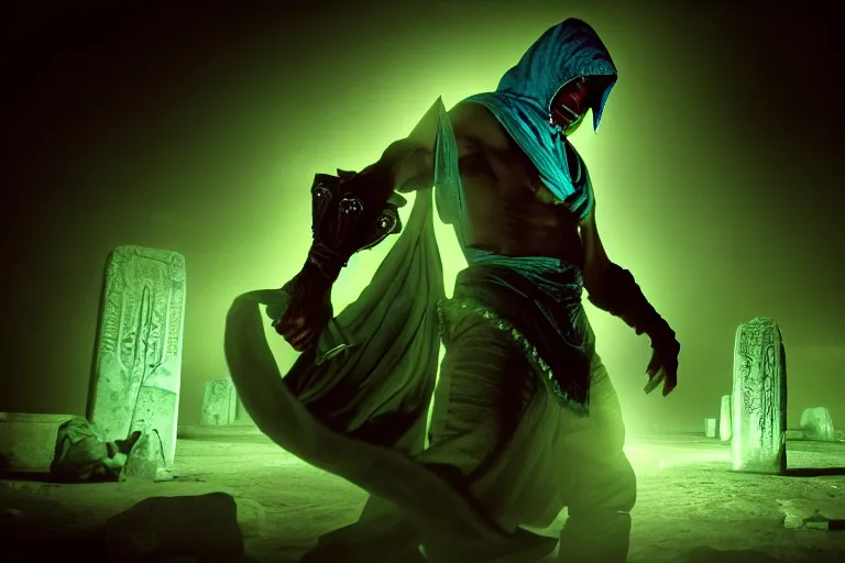 Image similar to vfx film, photorealistic render, soul reaver, raziel irl, price of persia movie, missing jaw, hero pose, magic, scarf, hood, glowing green soul blade, in stonehenge vancouver city, flat color profile low - key lighting award winning photography arri alexa cinematography, hyper real photorealistic cinematic, atmospheric cool colorgrade