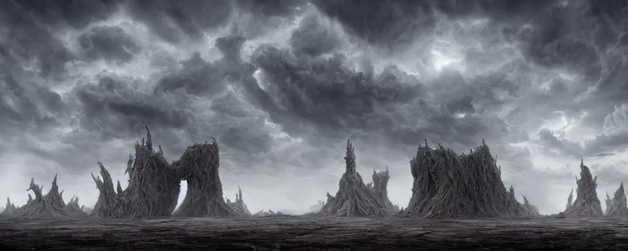 Image similar to a large ominous and geometric like large alien structure built on a barren dry land with an epic cloud formation on the background by HR GIger, Dariusz Zawadzki, Neil blevins, Feng Zhu, gustave doré, zhuoxin ye, very detailed, octane render, 8k, oranate and brooding, scary and dark, canon 24mm lens
