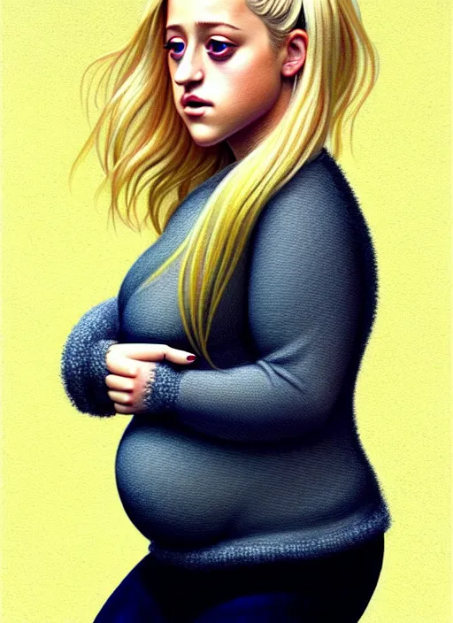 Image similar to full body portrait, teenage lili reinhart, blonde hair, obese, bangs, ponytail, sultry, realistic, sweater, fluffy bangs, fully clothed, curly bangs, fat, belly, intricate, elegant, highly detailed, digital painting, artstation, concept art, smooth, sharp focus, illustration, art by wlop, mars ravelo and greg rutkowski