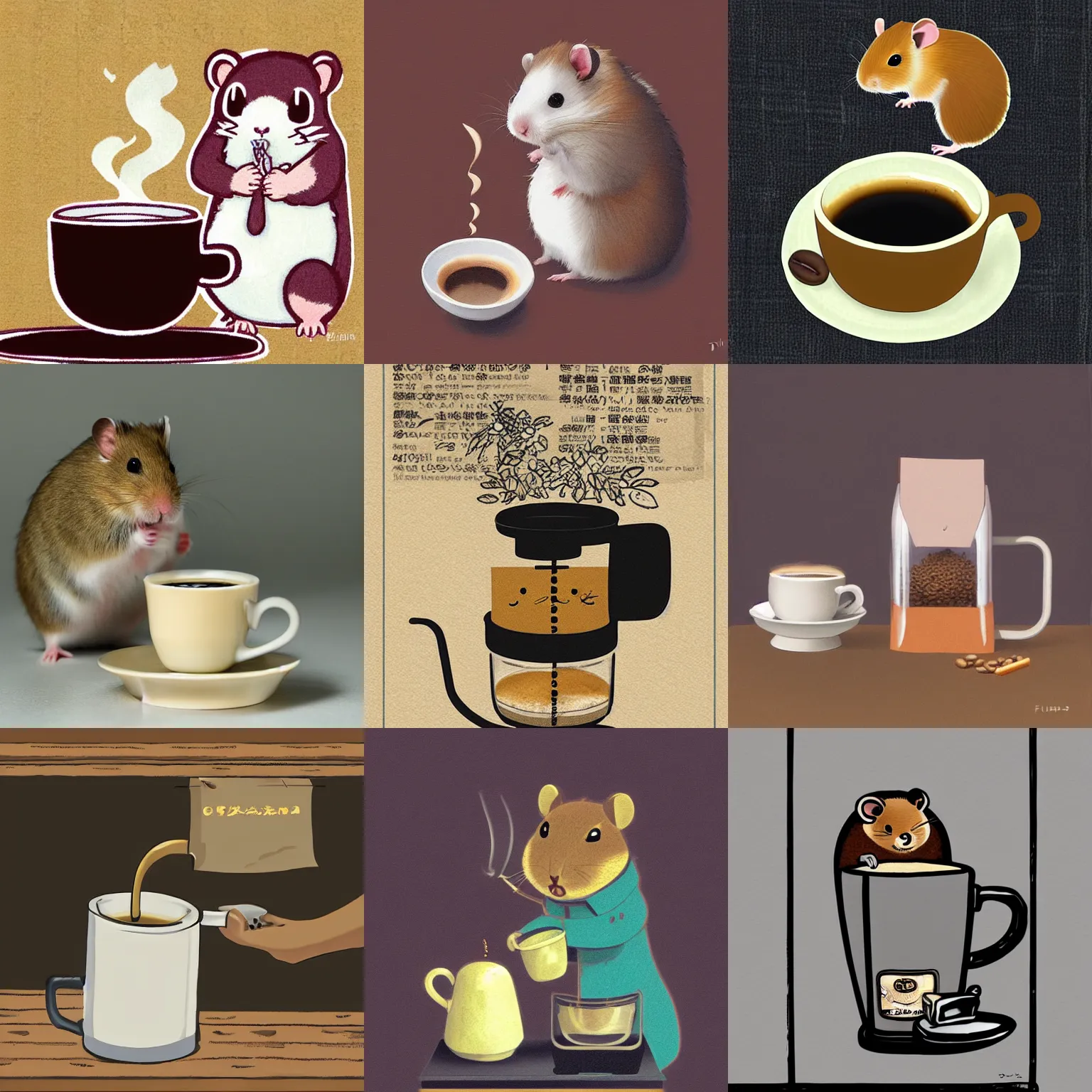 Prompt: A hamster brewing coffee by Fujita Goro