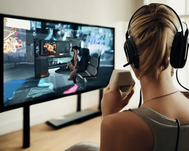 Prompt: view from behind of a cute beautiful blonde woman wearing headset playing game, holding controller, watching television displaying call of duty, intricate detail, cinematic composition