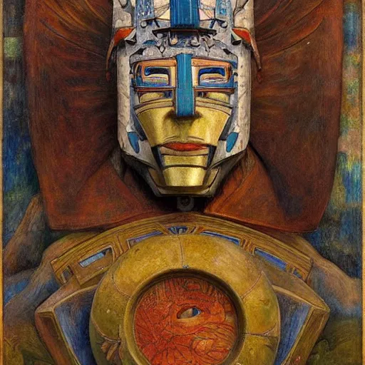 Image similar to the robot king with his bird mask, by Annie Swynnerton and Diego Rivera and Elihu Vedder, symbolist, dramatic lighting, elaborate geometric ornament, Art Brut, soft cool colors,smooth, sharp focus, extremely detailed, Adolf Wölfli and Donato Giancola