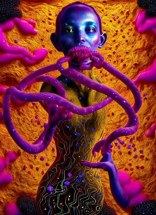 Prompt: hyper detailed 3d render like a Oil painting - Aurora (gilded faced Singer) seen Eating of the Strangling network of yellowcake aerochrome and milky Fruit and Her delicate Hands hold of gossamer polyp blossoms bring iridescent fungal flowers whose spores black out the foolish stars by Jacek Yerka, Mariusz Lewandowski, Houdini algorithmic generative render, Abstract brush strokes, Masterpiece, Edward Hopper and James Gilleard, Zdzislaw Beksinski, Mark Ryden, Wolfgang Lettl, hints of Yayoi Kasuma, octane render, 8k