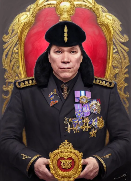 Image similar to portrait of supreme leader quebec premier francois legault, royalty, extravagant, lord, full body, military uniform, quebec flag french lily flower, fantasy, intricate, elegant, beautiful, highly detailed, charcoal, centered, dark, smokey, digital painting, artstation, concept art, art by artgerm and greg rutkowski and alphonse mucha