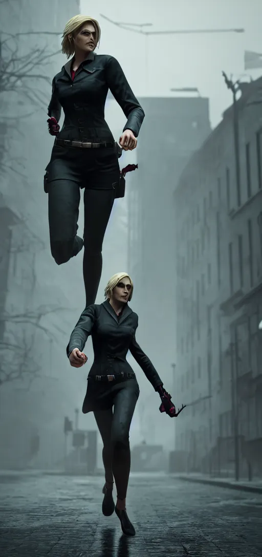 Image similar to beautiful annie leonhart running on high heels in dunwall city, redshift render, beautiful face, detailed face, cinematic lighting, rainy weather, melancholy atmosphere, volumetric light, octane render, dishonored 1, gothic architecture, realistic reflections, octane render 8 k