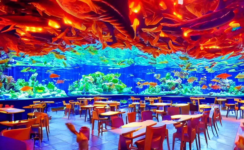 Image similar to inside a fastfood fish restaurant, fluorescent light, bright, atlantis theme, a big aquarium at the wall