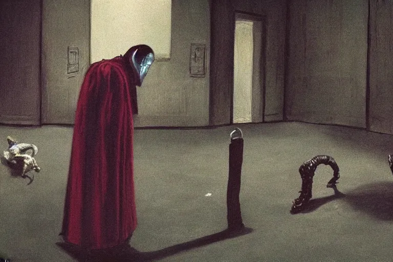 Image similar to ring wraith sniffing the ground, movie still, ultra realism, very detailed, style of francis bacon