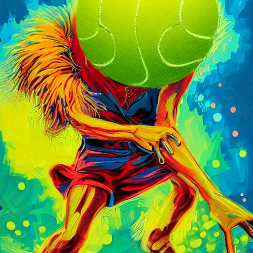 Prompt: a tennis ball monsters ,tennis ball, colorful, digital art, fantasy, magic, trending on artstation, ultra detailed, professional illustration poster by Basil Gogos