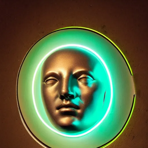 Image similar to a neon circle as a hat on a renaissance statue head, black background, ray tracing, 8 k resolution, sharp focus, hyper detailed, hyper realistic