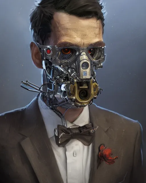 Image similar to a rugged young engineer man with cybernetic enhancements wearing a suit and bowtie, detailed mask, scifi character portrait by greg rutkowski, esuthio, craig mullins, 1 / 4 headshot, cinematic lighting, dystopian scifi gear, gloomy, profile picture, mechanical, half robot, implants, steampunk