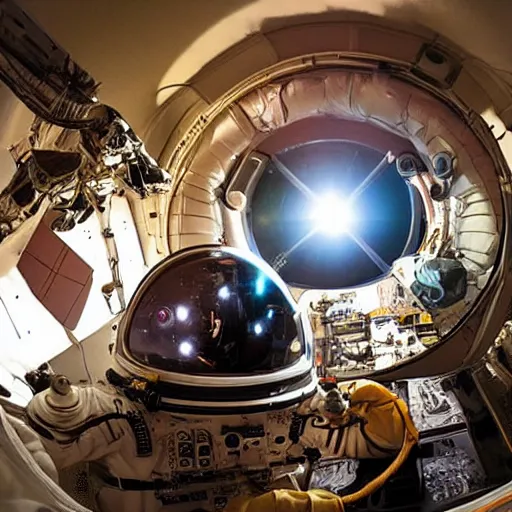 Image similar to extremely detailed photo of carl sagan looking through visor of spacesuit, mars rover in background, detailed face