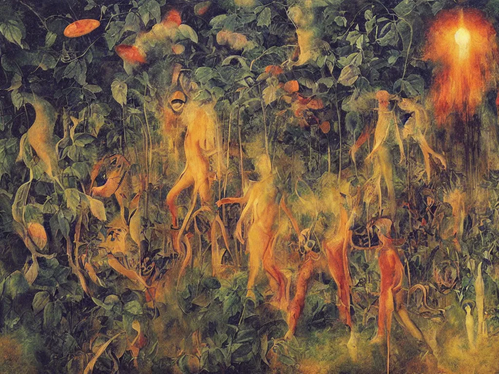 Image similar to man in white beekeeper suit with burning orchard and jungle animals running from the devil. painting by mikalojus konstantinas ciurlionis, bosch, wayne barlowe, agnes pelton, rene magritte