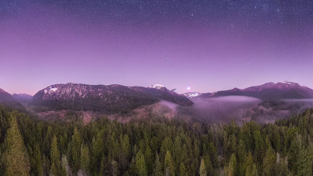 Image similar to Panoramic photo where the mountains are towering over the valley below their peaks shrouded in mist. The moon is just peeking over the horizon and the purple sky is covered with stars and clouds. The river is winding its way through the valley and the trees are light blue.