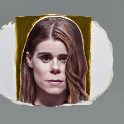 Image similar to of a cake with vanilla frosting which hides the face of kate mara, 4 k, hyperdetailed, photorealism