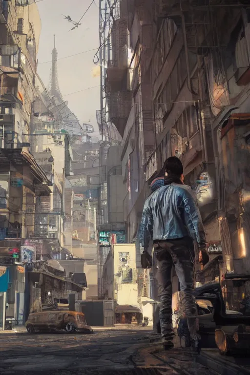 Prompt: in the foreground a Parisian street, in the background a brown man from the back with blue energy wings coming out of his back wearing a long matrix style jacket and starting to fly away, realistic, high definition, great details, dramatic scene, detailed and realistic hands, symmetrical face, realistic eyes, cyberpunk art 2077