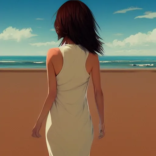 Prompt: slim cruel girl in dress with brown bob hair, elegant, walk down the beach, 2 d, ultra highly detailed, digital painting, smooth, sharp focus, artstation, art by ilya kuvshinov,