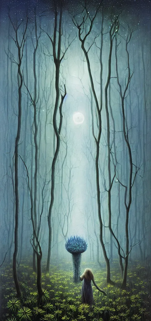 Image similar to painterly dreamy Kupala Night in the blue forest with trees with many huge eyes, giant flowers, glowing owls, deers, women, lianas, thistles, giant fantasy creatures, a stream and sky with moon and stars by Beksinski, Alex Grey, Aron Wiesenfeld and Giger dark fantasy, witcher, very detailed oil painting in the alla prima style, masterpiece, 8k