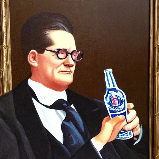 Prompt: painting of a portrait ofVictorian Era president Hank Hill drinking a Pabst Blue Ribbon beer, realistic