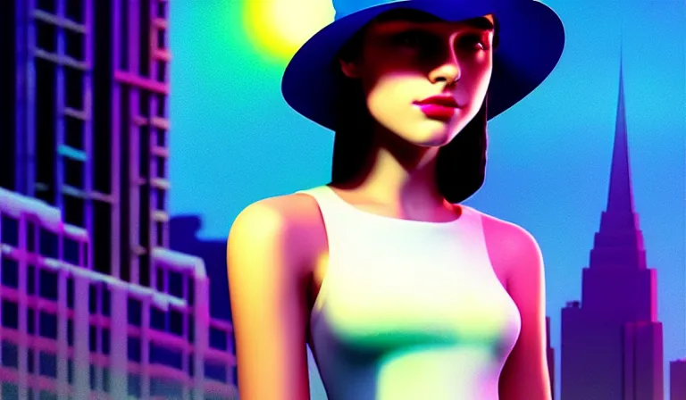 Image similar to a beautiful and immaculate young teenager girl with fedora hat. synthwave, detailed. trending on artstation. recommended for you behance. by chris moore. by edward hopper., beeple colors, metropolis filmic. gotham city.